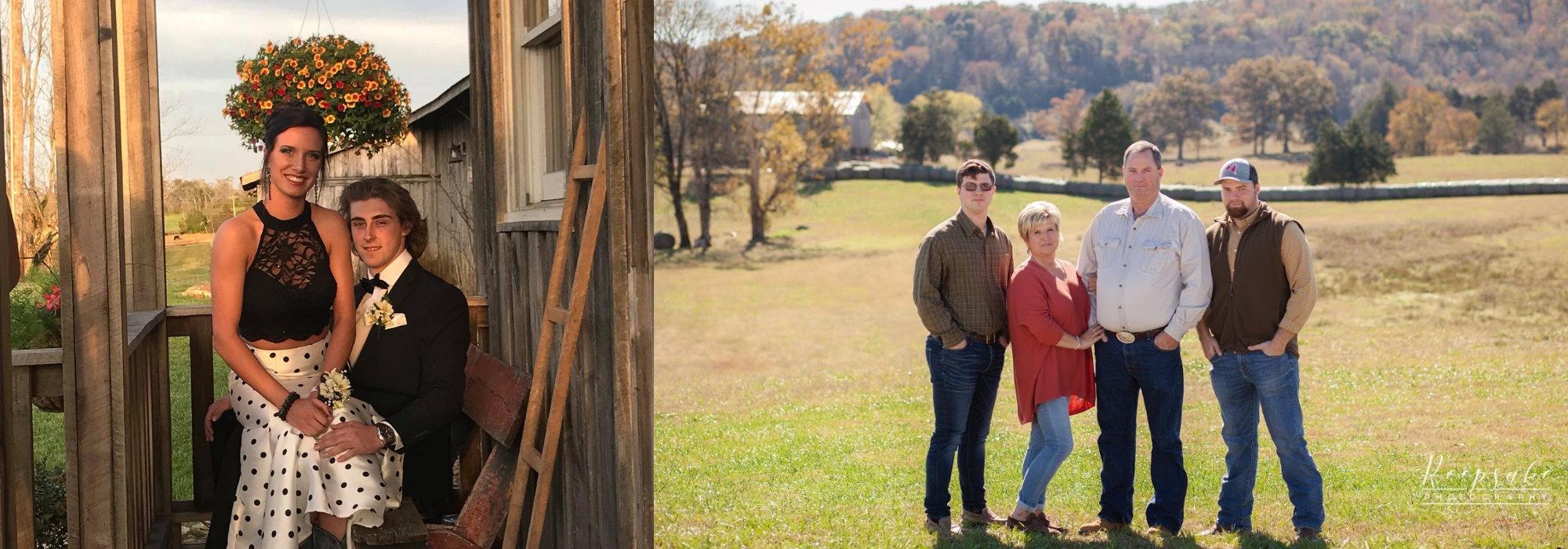 couple posing for prom and family posing for a picture on the farm 