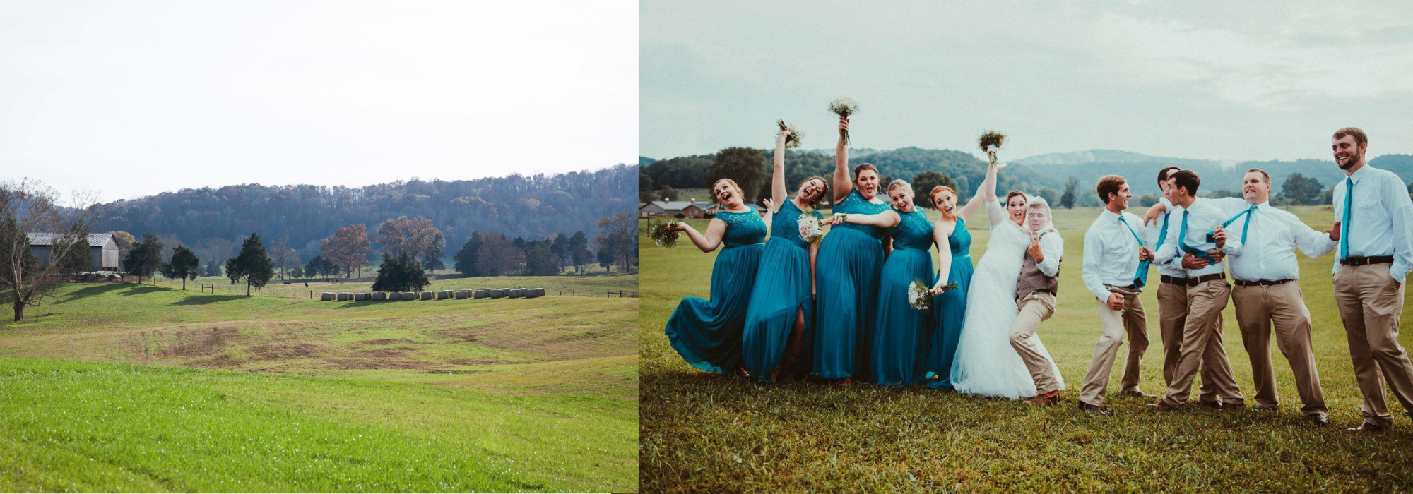 open pasture and a bridal party doing a funny pose 