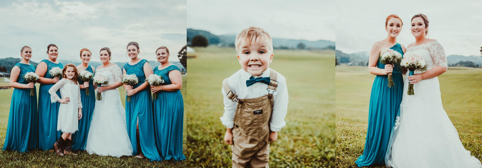 collage of bridal party at Bilbrey Farms in Sparta, TN